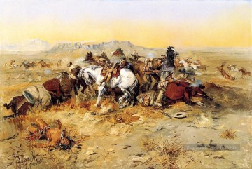 A Desperate Stand cow boy Indiens Charles Marion Russell Indiana Peinture à l'huile